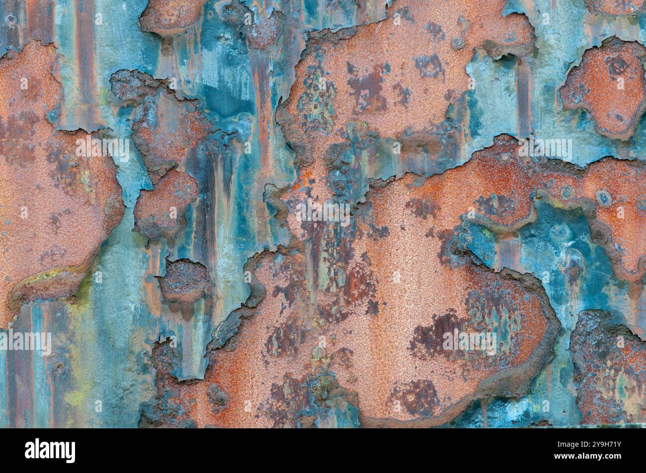 La rouille du métal montre les effets des intempéries et du temps, créant une surface texturée avec de la peinture écaillée et de la corrosion. Banque D'Images