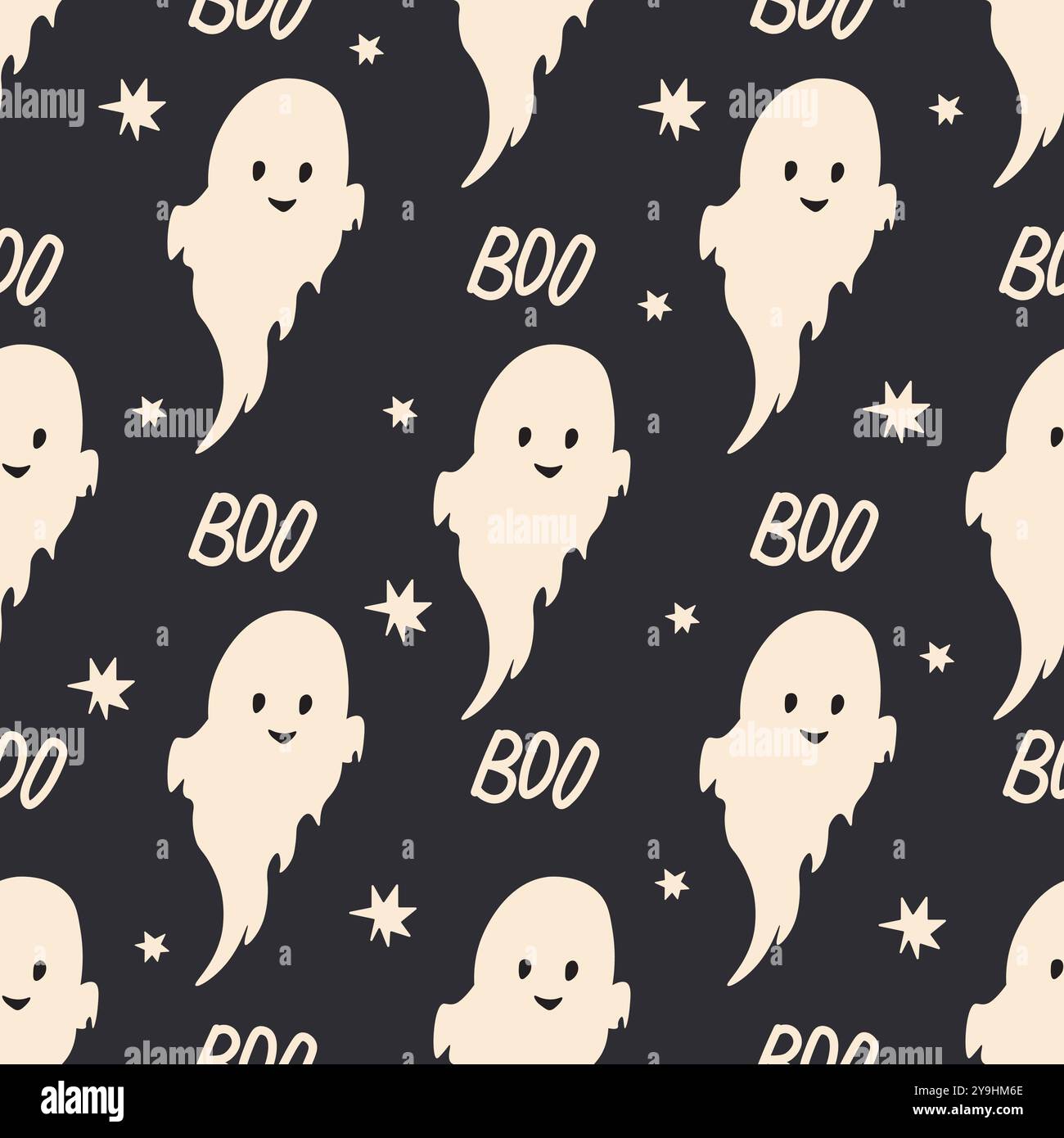 Motifs sans couture avec des fantômes mignons sur fond noir. Simple personnage effrayant. Fond festif pour Halloween. Boo. Illustration vectorielle Illustration de Vecteur