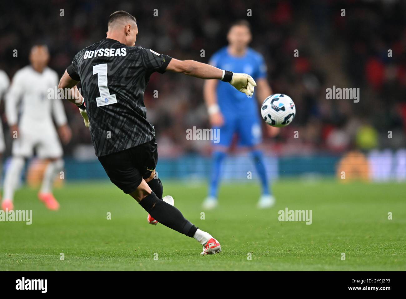 Le gardien de but Odysseas Vlachodimos (1 Grrece) prend un coup de pied lors du match de l'UEFA Nations League League B, Groupe 2 entre l'Angleterre et la Grèce au stade de Wembley, Londres, jeudi 10 octobre 2024. (Photo : Kevin Hodgson | mi News) crédit : MI News & Sport /Alamy Live News Banque D'Images