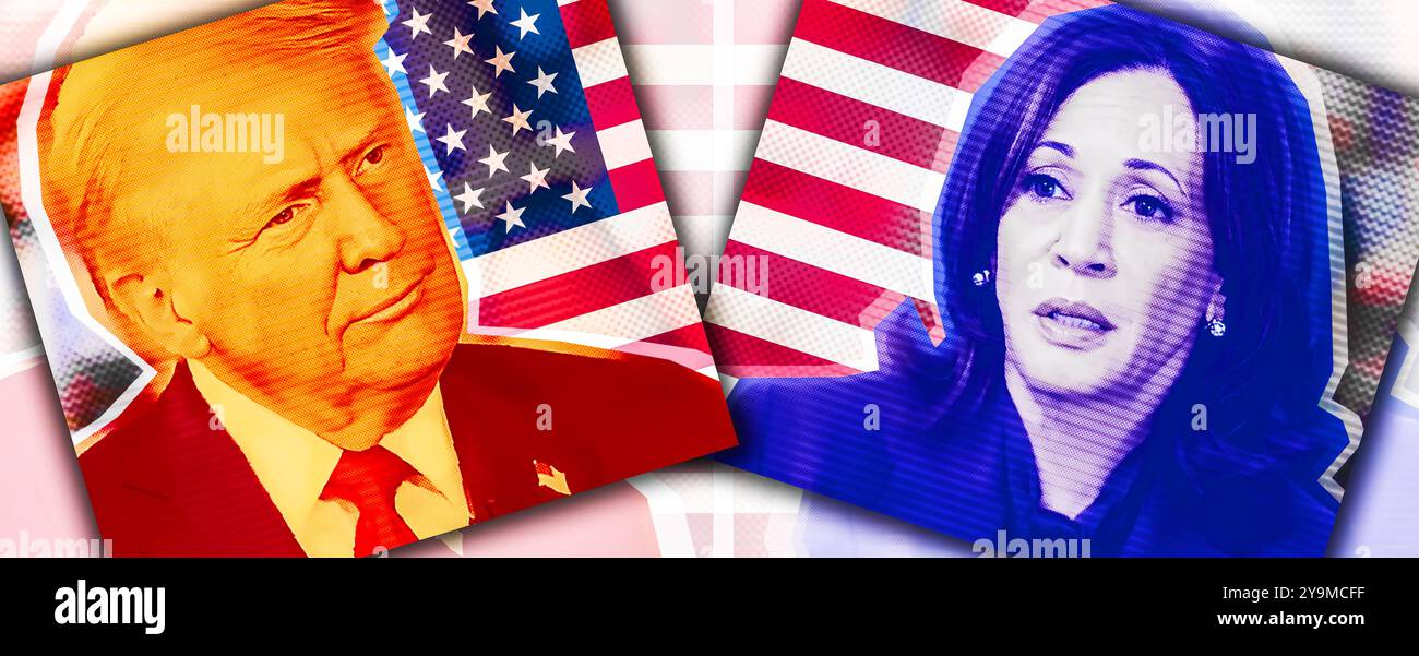 Collage photo avec effet demi-ton. Photo illustration Portrait de Donald Trump et Kamala Harris sur fond de drapeau américain. Banque D'Images