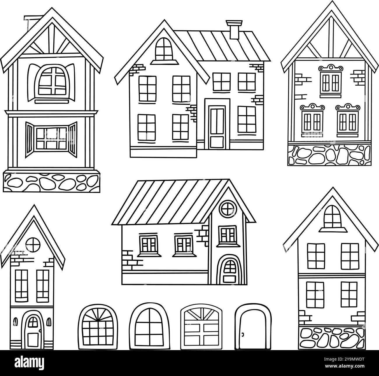 Les maisons de collection griffonnent. Architecture urbaine et rurale différente. Illustration vectorielle. Dessins de contour manuels isolés Illustration de Vecteur