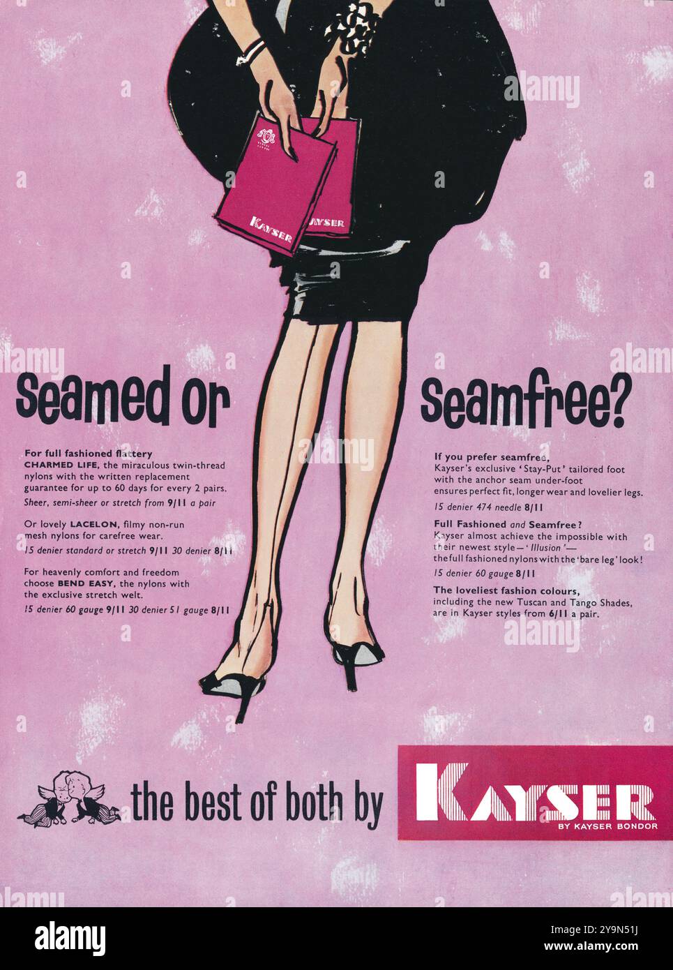 1959 publicité de mode britannique pour les bas en nylon cousus et sans couture Kayser par Kayser Bondor. Banque D'Images