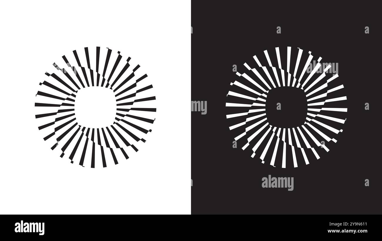 L'obturateur circulaire de l'appareil photo raye une icône abstraite. Motif design noir et blanc avec deux cercles, motif abstrait avec des lignes rayonnantes Illustration de Vecteur