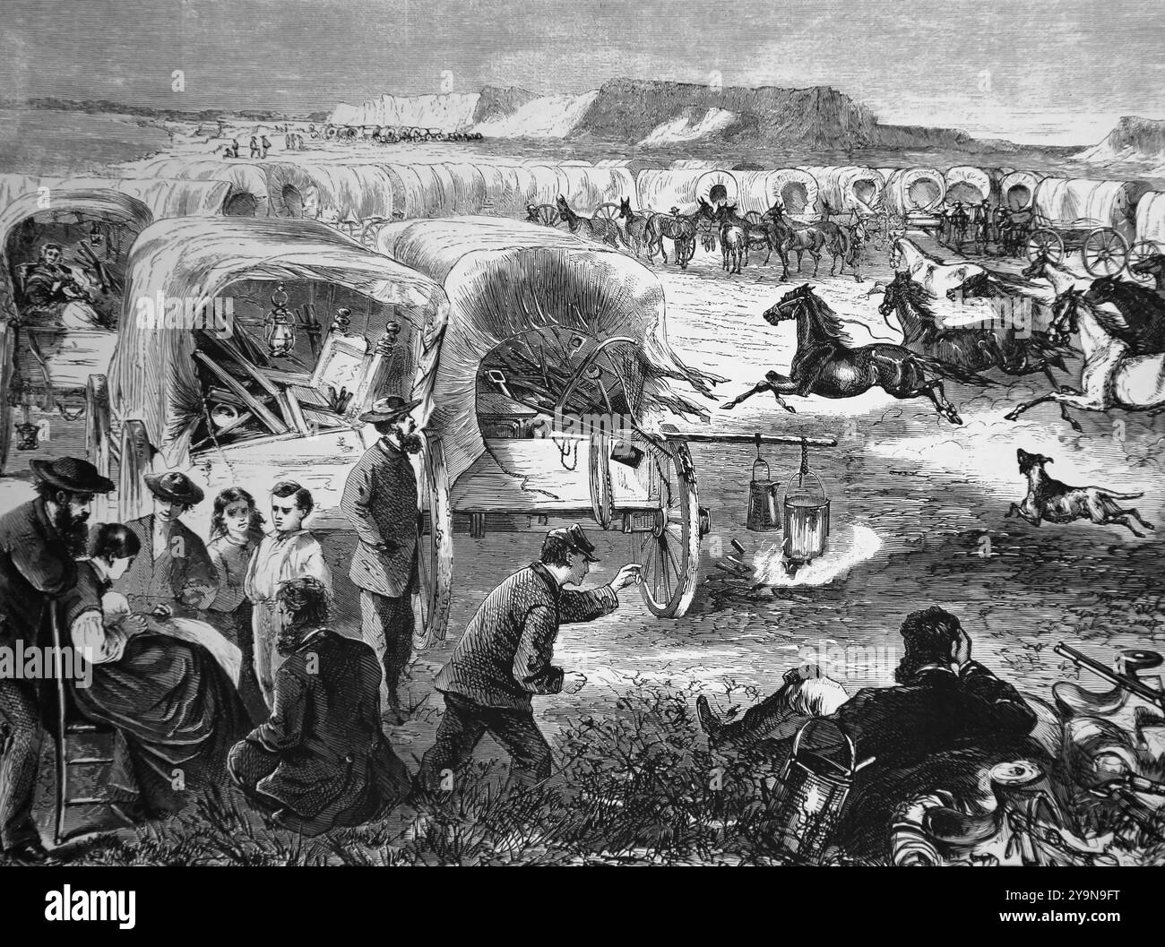 ÉTATS-UNIS. Caravane pionnière au repos. Gravure de Theodore R. Davis. Harper's Weekly. 1869. Banque D'Images