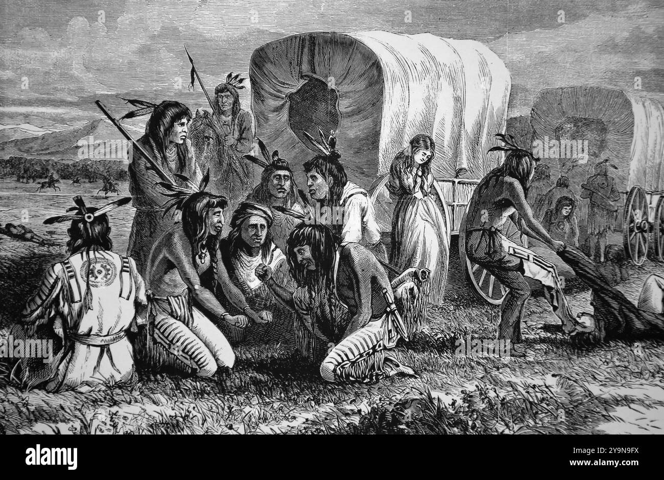 ÉTATS-UNIS. Oregon, Californie. Indiens après avoir attaqué une caravane de colons. Femme captive. Gravure par W.M.Cary. Harper's Weekly, 1870. Banque D'Images