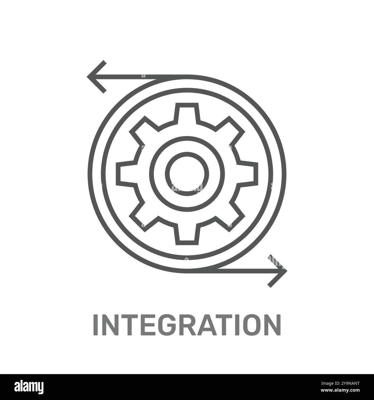 L'image montre une icône d'engrenage entourée de deux flèches formant un cercle, symbolisant l'intégration, probablement dans un contexte technologique ou logiciel Illustration de Vecteur