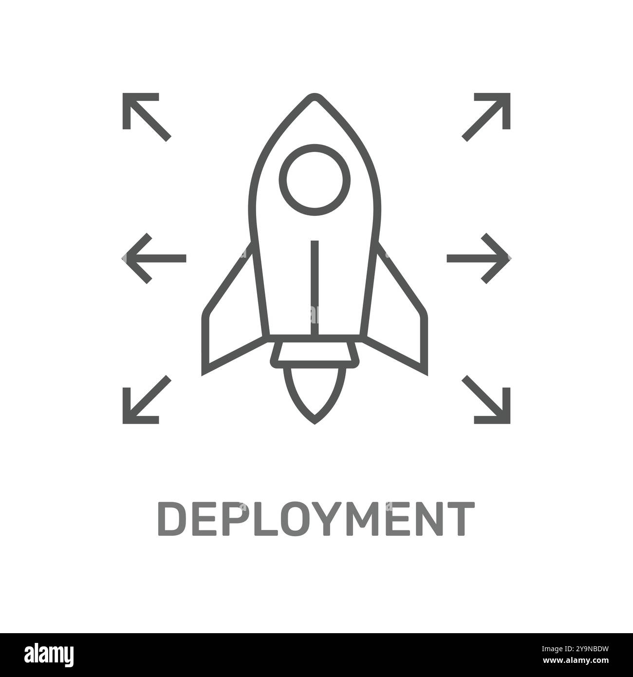 L'image montre une fusée au trait entourée de flèches pointant vers l'extérieur, symbolisant le concept de déploiement, probablement dans un logiciel ou une technologie Illustration de Vecteur