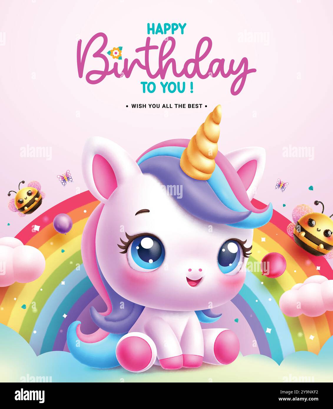 Joyeux anniversaire licorne conception vectorielle de caractère. Texte de voeux d'anniversaire avec caractère mignon licorne et décoration colorée arc-en-ciel pour invitation d'enfants Illustration de Vecteur