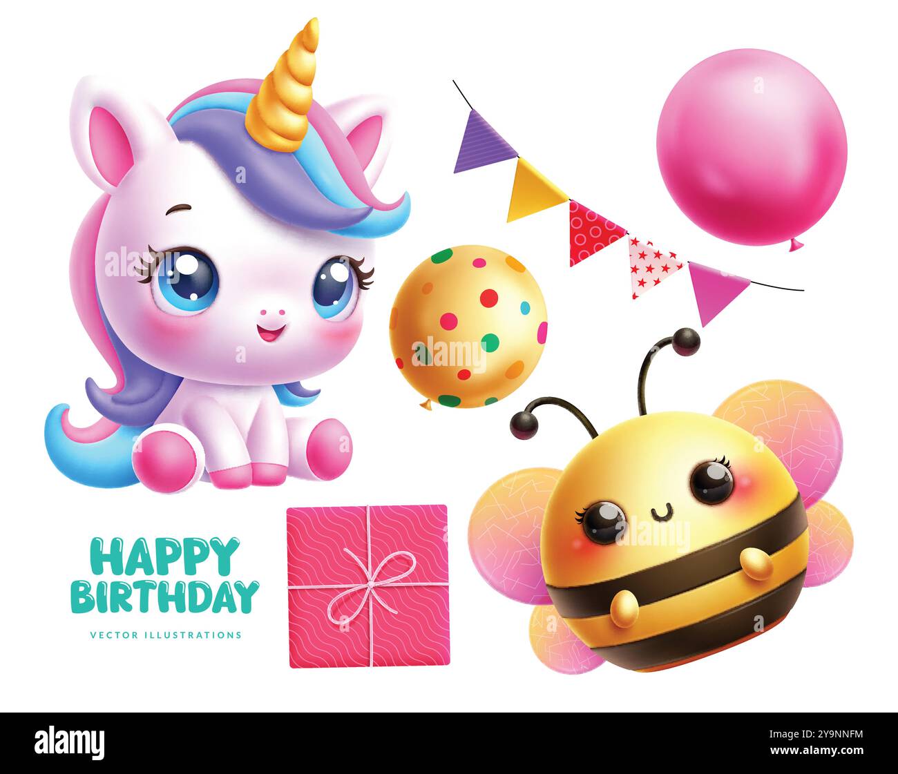 Conception d'ensemble vectoriel d'éléments d'anniversaire. Texte de voeux joyeux anniversaire avec licorne colorée mignonne, personnages d'abeilles volantes, ballons, boîte-cadeau et fanions Illustration de Vecteur