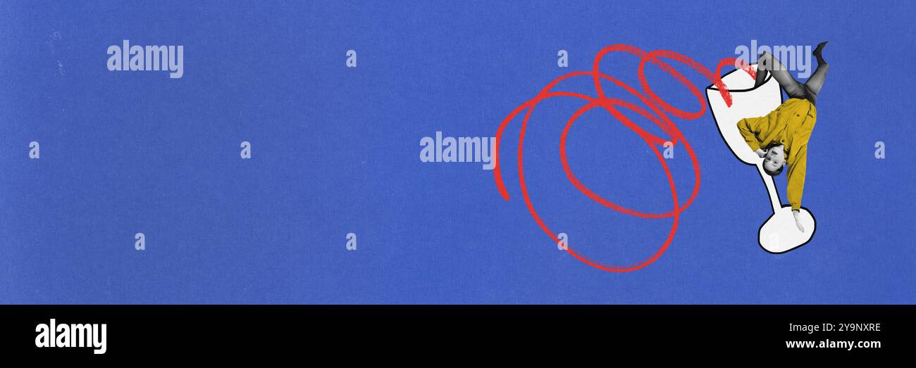 Bannière. Collage d'art contemporain. La femme est suspendue à l'envers à l'intérieur d'un verre plein de vin sur fond bleu avec un espace négatif. Banque D'Images