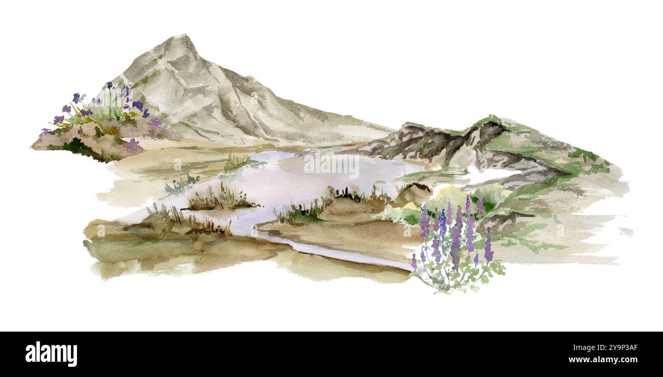 Paysage de paysages de collines de montagne falaises champs d'herbe pâturage landes, rivière lac alpine vista fleurs, aquarelle dessinée à la main. Illustration pour Banque D'Images