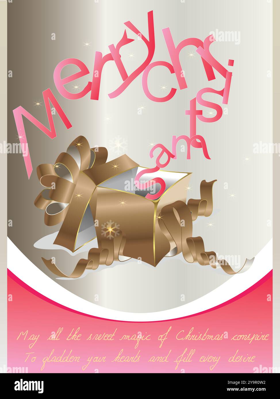 Joyeux noël est écrit sur la bannière. Une boîte en or est montrée avec un ruban dessus Illustration de Vecteur Joyeux noël est écrit sur la bannière. Une boîte en or est montrée avec un ruban dessus Illustration de Vecteur