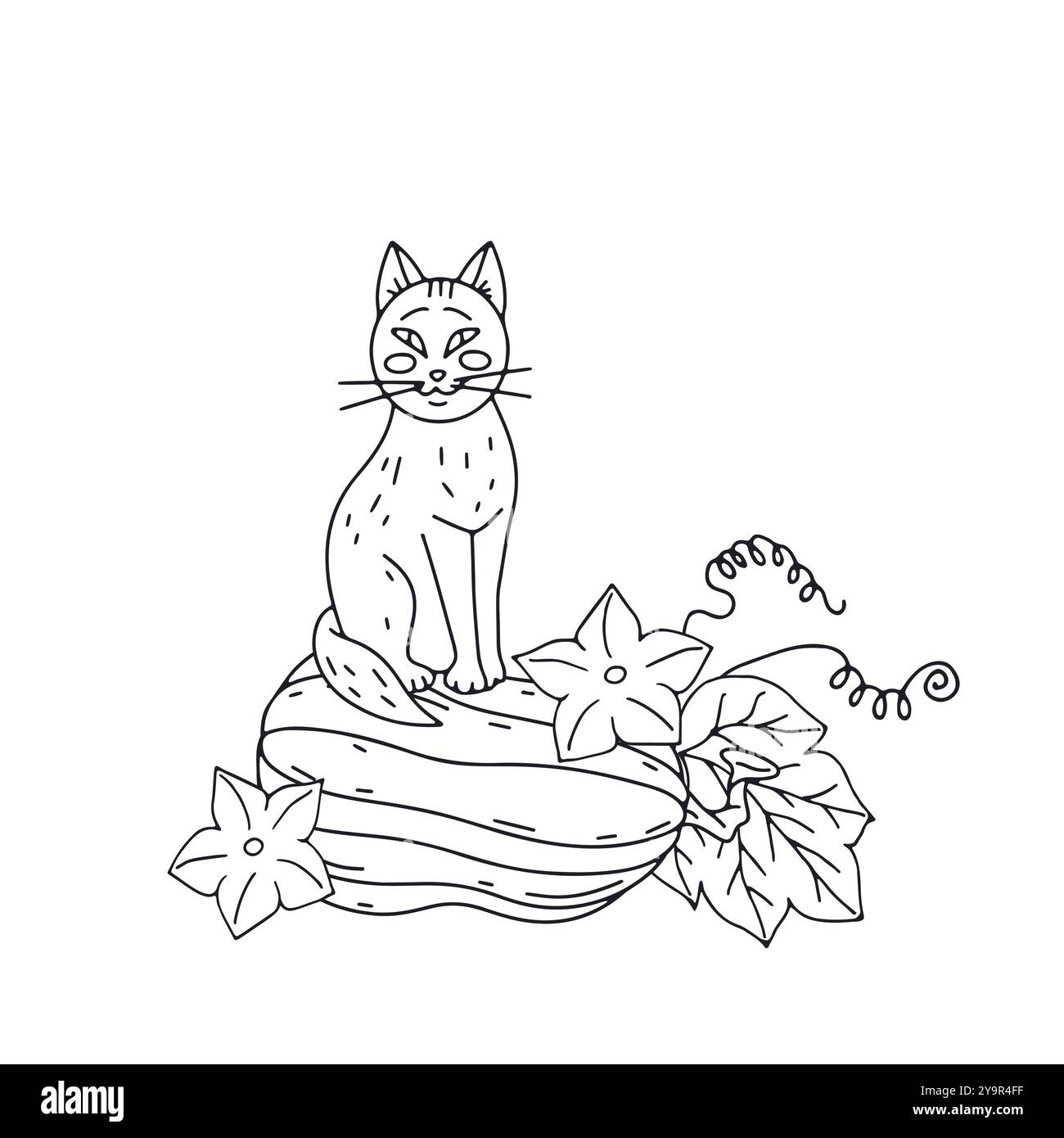 Carte de voeux monochrome de Thanksgiving avec chat mignon et citrouille Illustration de Vecteur
