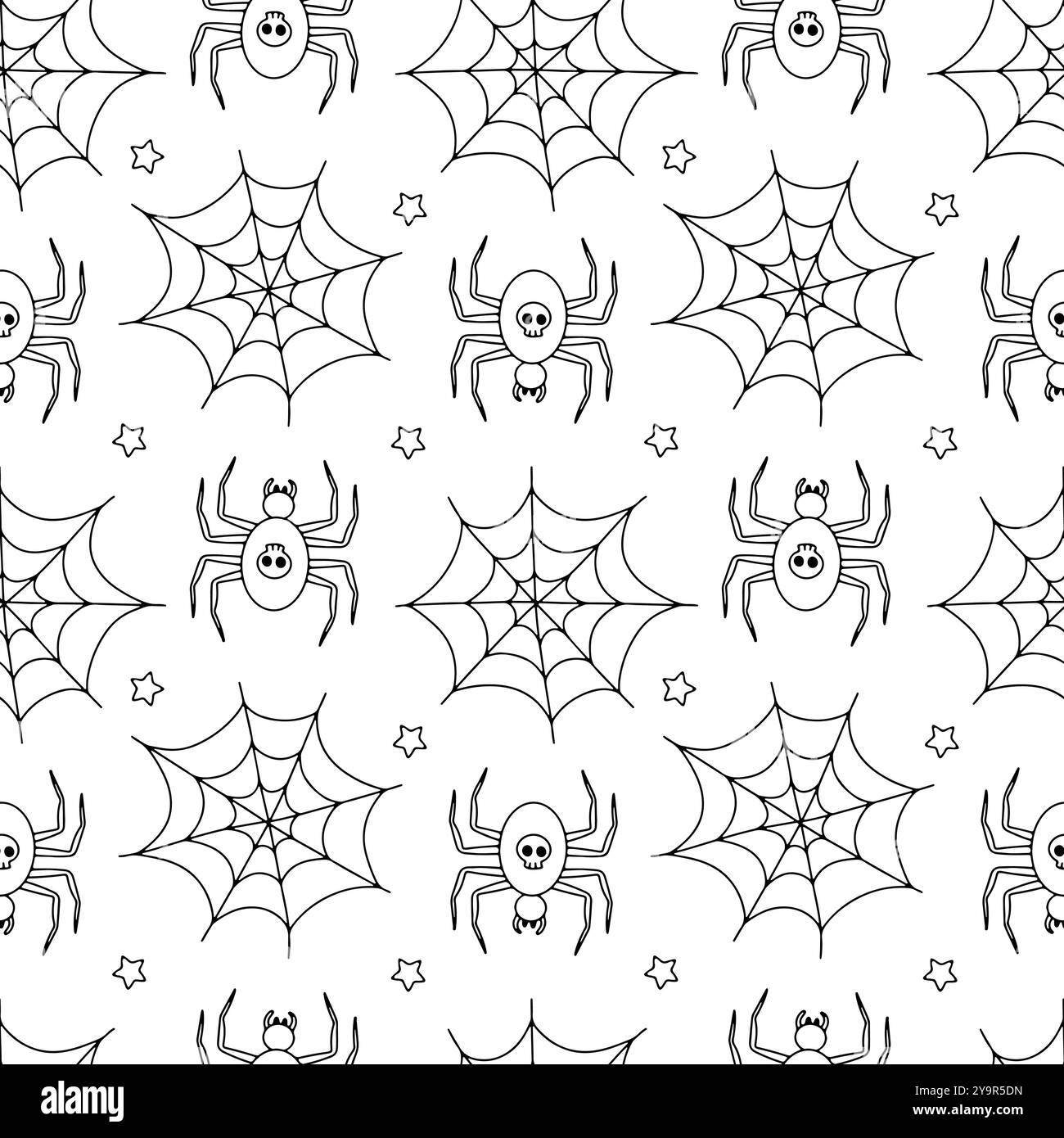 Modèle sans couture avec araignées d'Halloween dessinées à la main et toile d'araignée Illustration de Vecteur