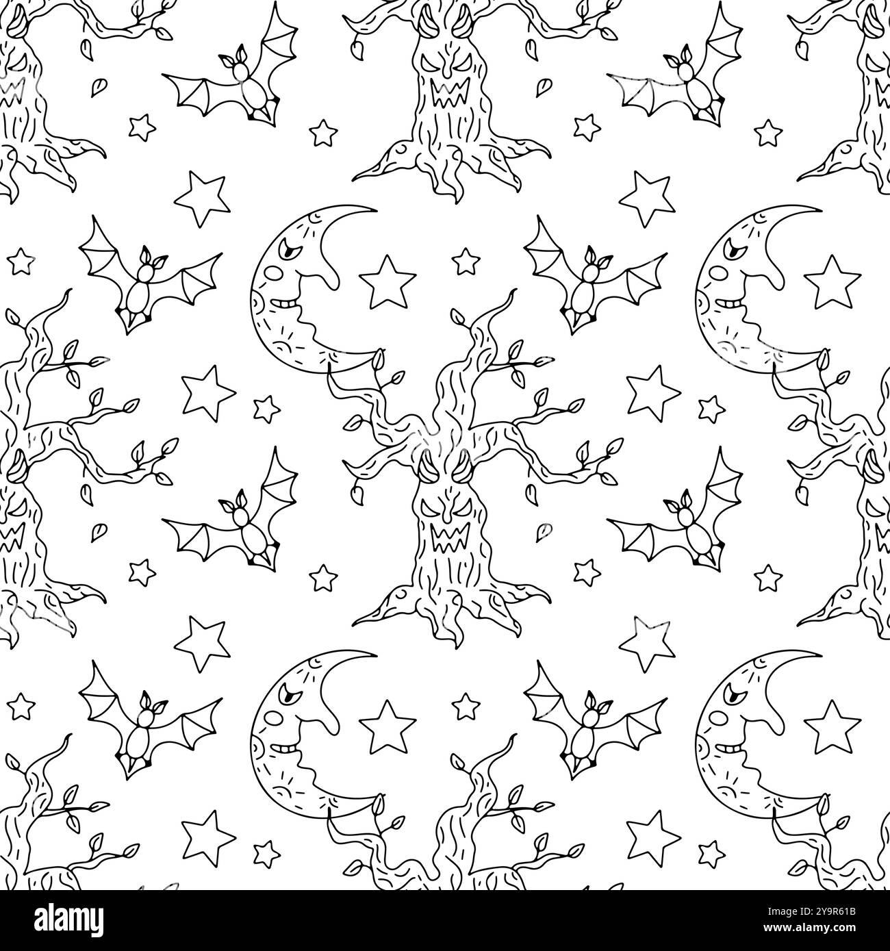 Modèle sans couture avec de mignons arbres de forêt maléfiques dessinés à la main Halloween et des demi-lunes avec le sourire Illustration de Vecteur