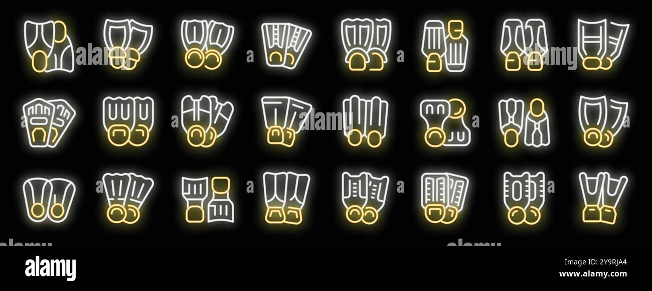 Icônes de néon lumineux de différentes formes et constructions de palmes de plongée brillantes sur fond noir Illustration de Vecteur
