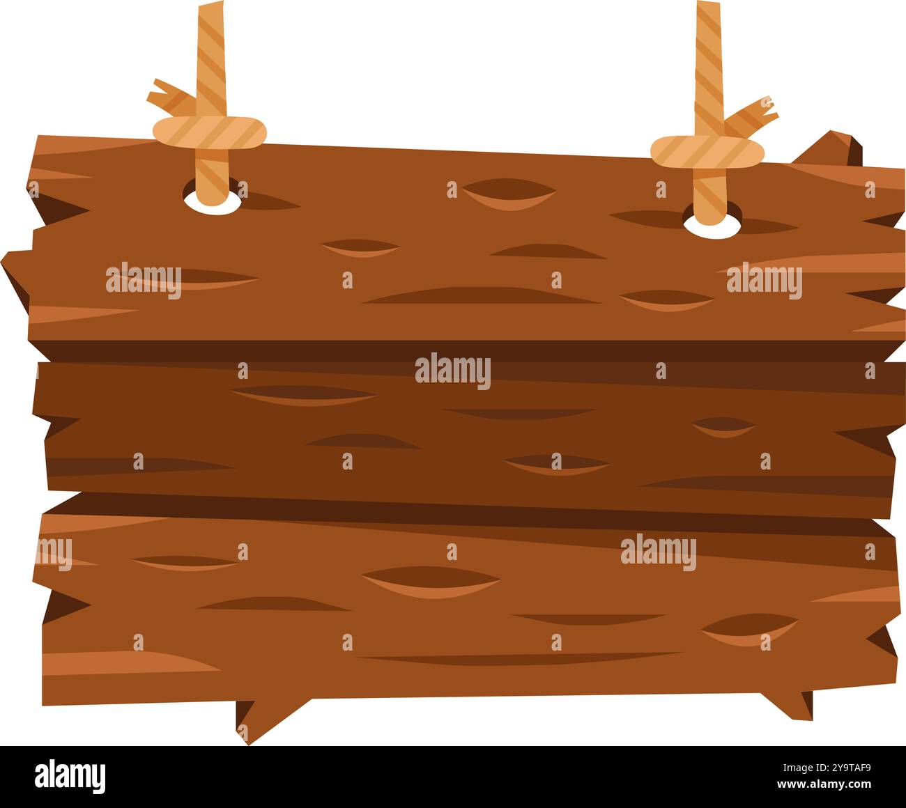 Panneau en bois rustique suspendu avec des cordes de ficelle, présentant une texture naturelle, parfait pour une utilisation décorative ou directionnelle dans des environnements extérieurs Illustration de Vecteur