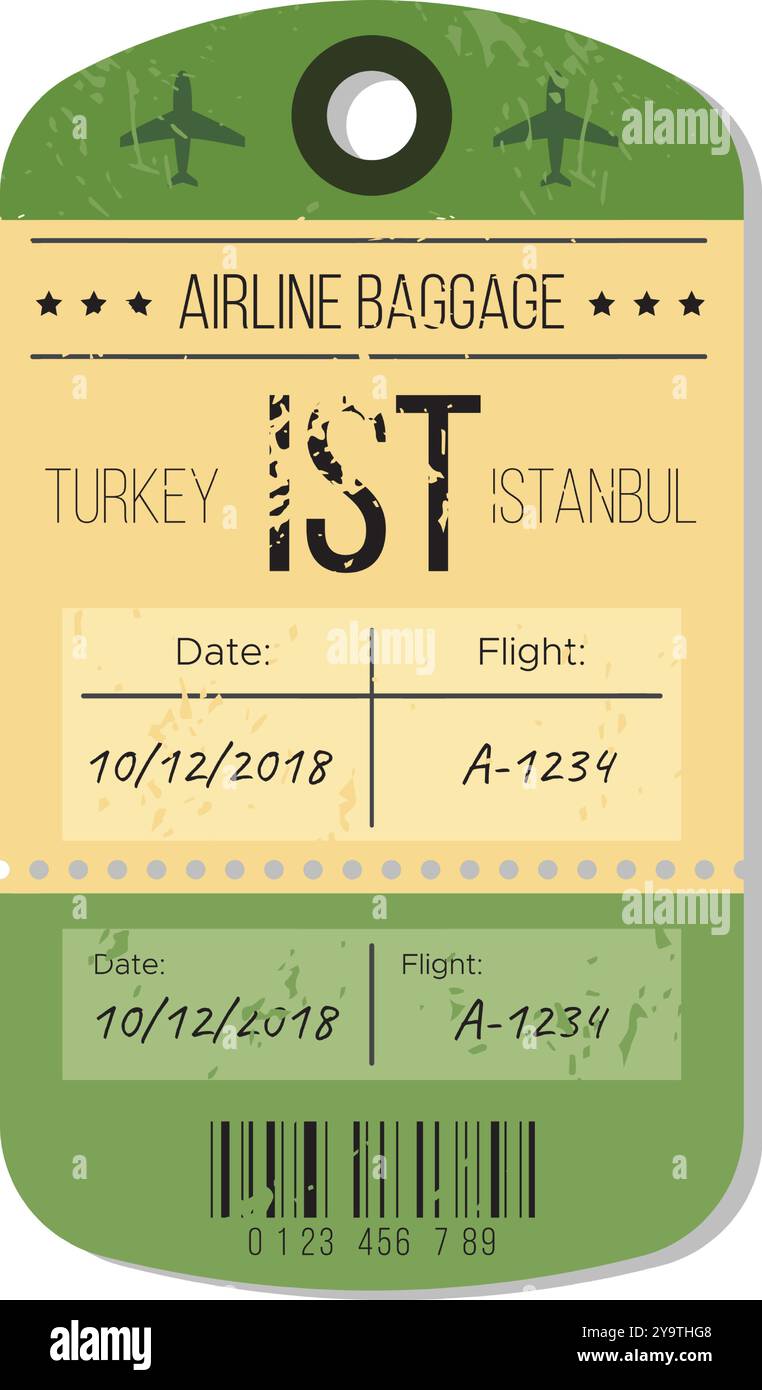 Étiquette de bagage pour un vol à destination d'Istanbul, Turquie, le 12 octobre 2018 avec le numéro de vol A-1234 Illustration de Vecteur