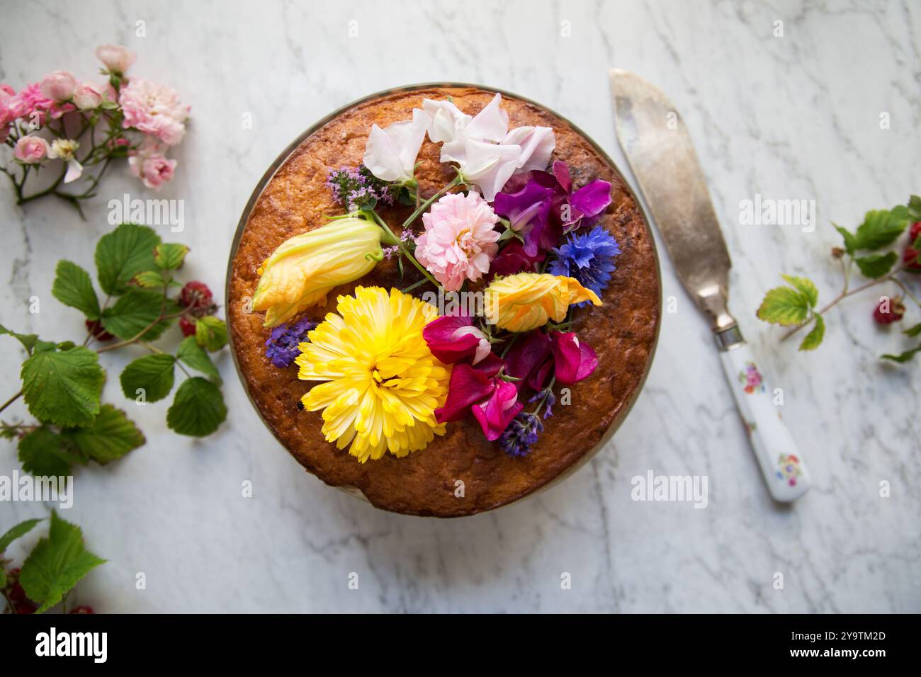 Gâteau de courgette entier surmonté de beaucoup de fleurs de jardin comestibles sur un support à gâteau sur un plan de travail en marbre blanc. Banque D'Images