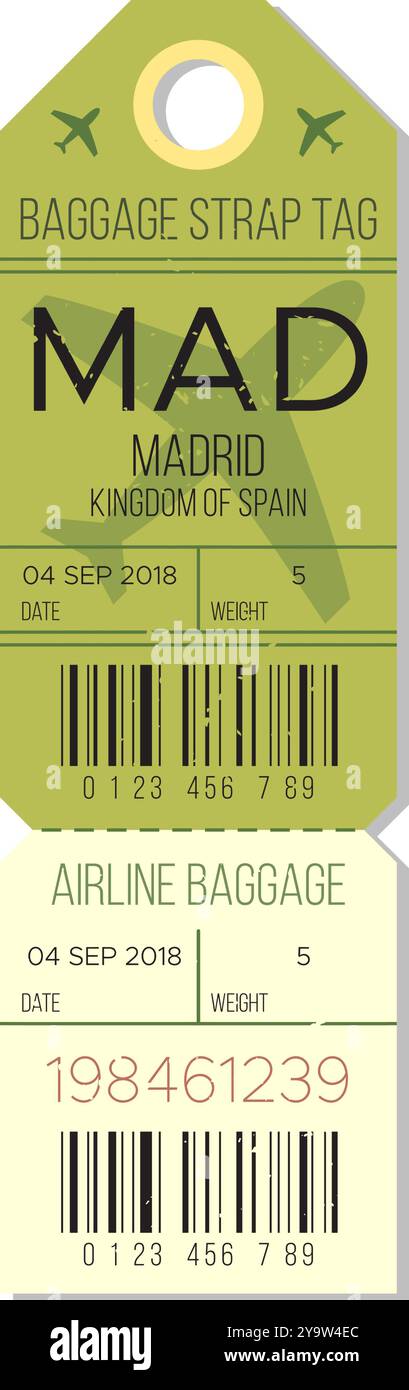 Étiquette de sangle de bagage de Madrid, Espagne, datée du 4 septembre 2018, indiquant un voyage en avion Illustration de Vecteur