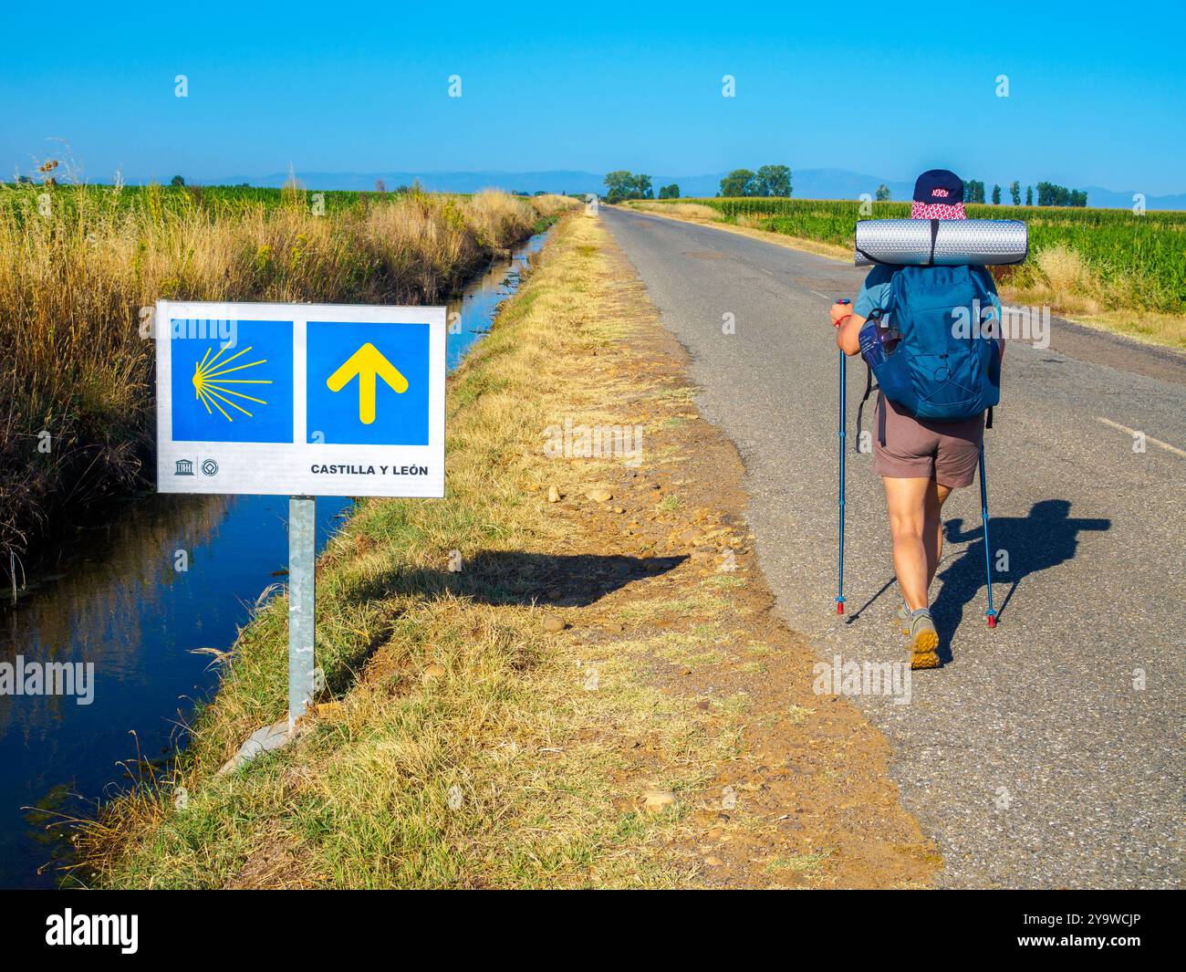 Un pèlerin marchant le long d'une route rurale sur le Camino de Santiago, en passant par un panneau avec les emblématiques symboles Yellow Scallop Shell et Yellow Arrow. Banque D'Images