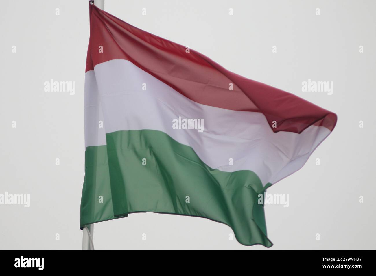 Saint-Pétersbourg, Russie. 10 octobre 2024. Le drapeau national de la République de Hongrie, flottant dans le vent sur un mât de drapeau à Saint-Pétersbourg, en Russie. Crédit : SOPA images Limited/Alamy Live News Banque D'Images