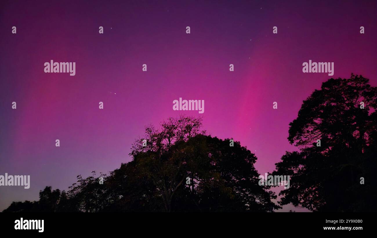 Front Royal, États-Unis. 10 octobre 2024. Les aurores boréales, ou aurores boréales, peuvent être vues dans le ciel dans le parc national de Shenandoah près de Front Royal, Virginie, le jeudi 10 octobre 2024. Une nouvelle série de fortes tempêtes solaires ont produit des cieux de rose, de violet et de vert beaucoup plus au sud que la normale. Les tempêtes géomagnétiques du Soleil peuvent également perturber temporairement l'alimentation et les signaux radio. Photo de Pat Benic/UPI crédit : UPI/Alamy Live News Banque D'Images
