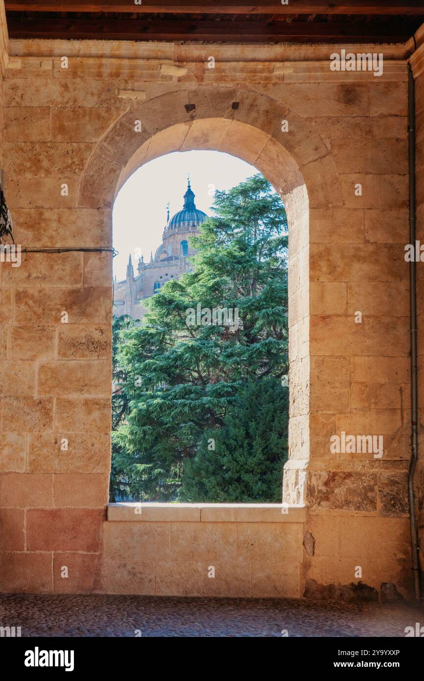 Salamanque, Espagne - 14 septembre 2024 : fenêtre avec vue sur Salamanque dans le couvent de San Esteban, un monastère dominicain de style plateresque, b Banque D'Images