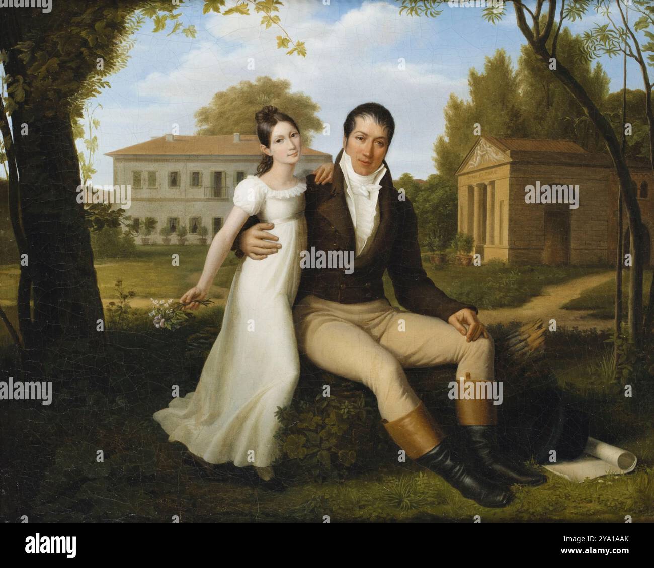 Portrait de Pierre-Joseph Redoute et de sa fille Marie-Louise, illustration. Le peintre botanique Pierre-Joseph Redoute (1759-1840) est vu ici avec sa deuxième fille Marie-Louise, dite Adélaïde (née en 1792). Elle-même peintre talentueuse, elle était l'élève préférée de son père. Banque D'Images