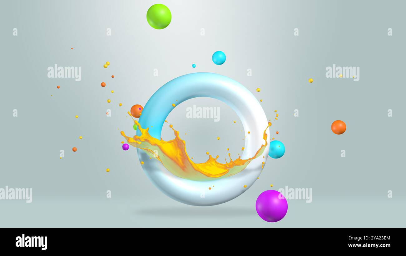 Composition abstraite avec un cadre circulaire bleu et blanc avec une éclaboussure de liquide jaune entourée de sphères jaunes et oranges flottant contre un gr Banque D'Images