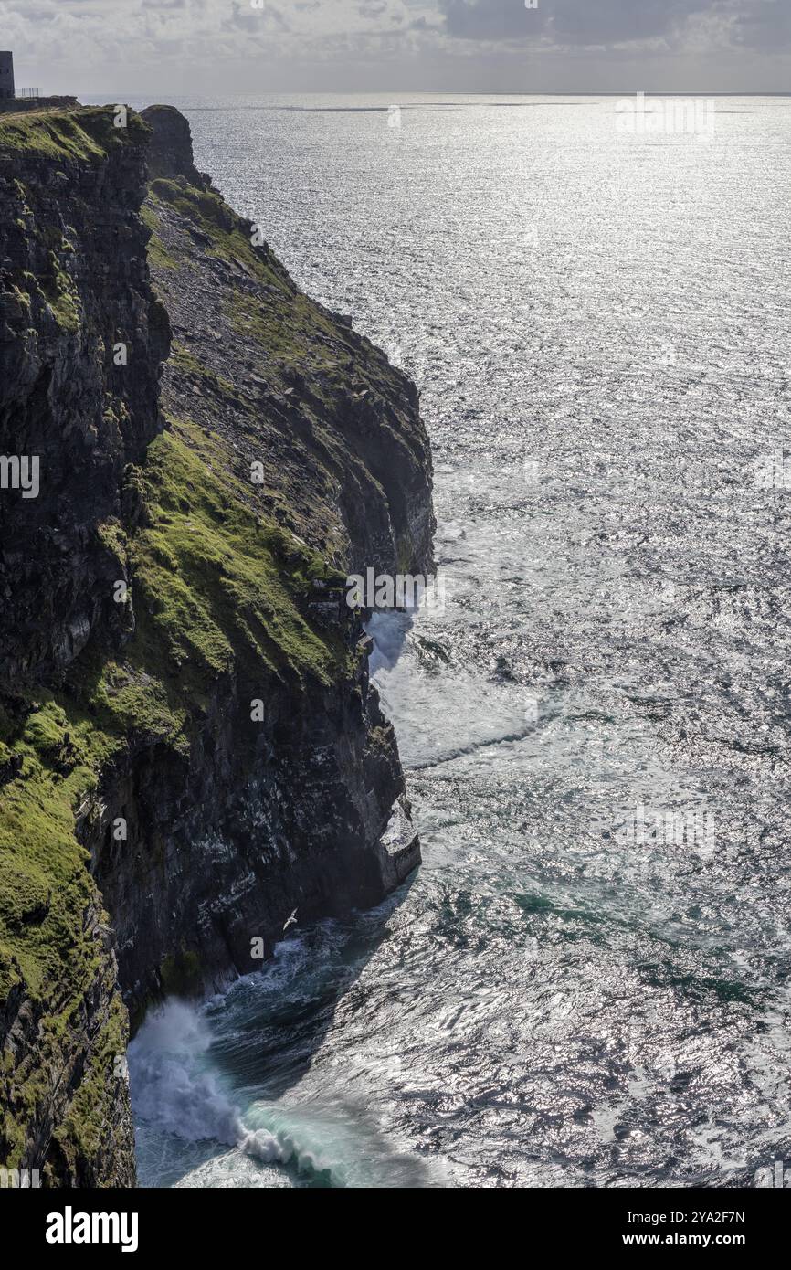 Les rayons de soleil se reflètent dans la mer le long des falaises verdoyantes qui plongent dans les profondeurs, les falaises de Moher Banque D'Images