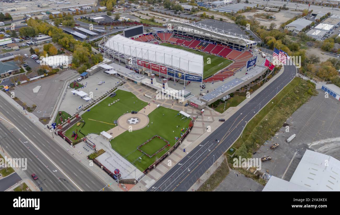Vue aérienne de America First Field, stade du Real Salt Lake et du National Women's Soccer League Club, Utah Royals FC Banque D'Images