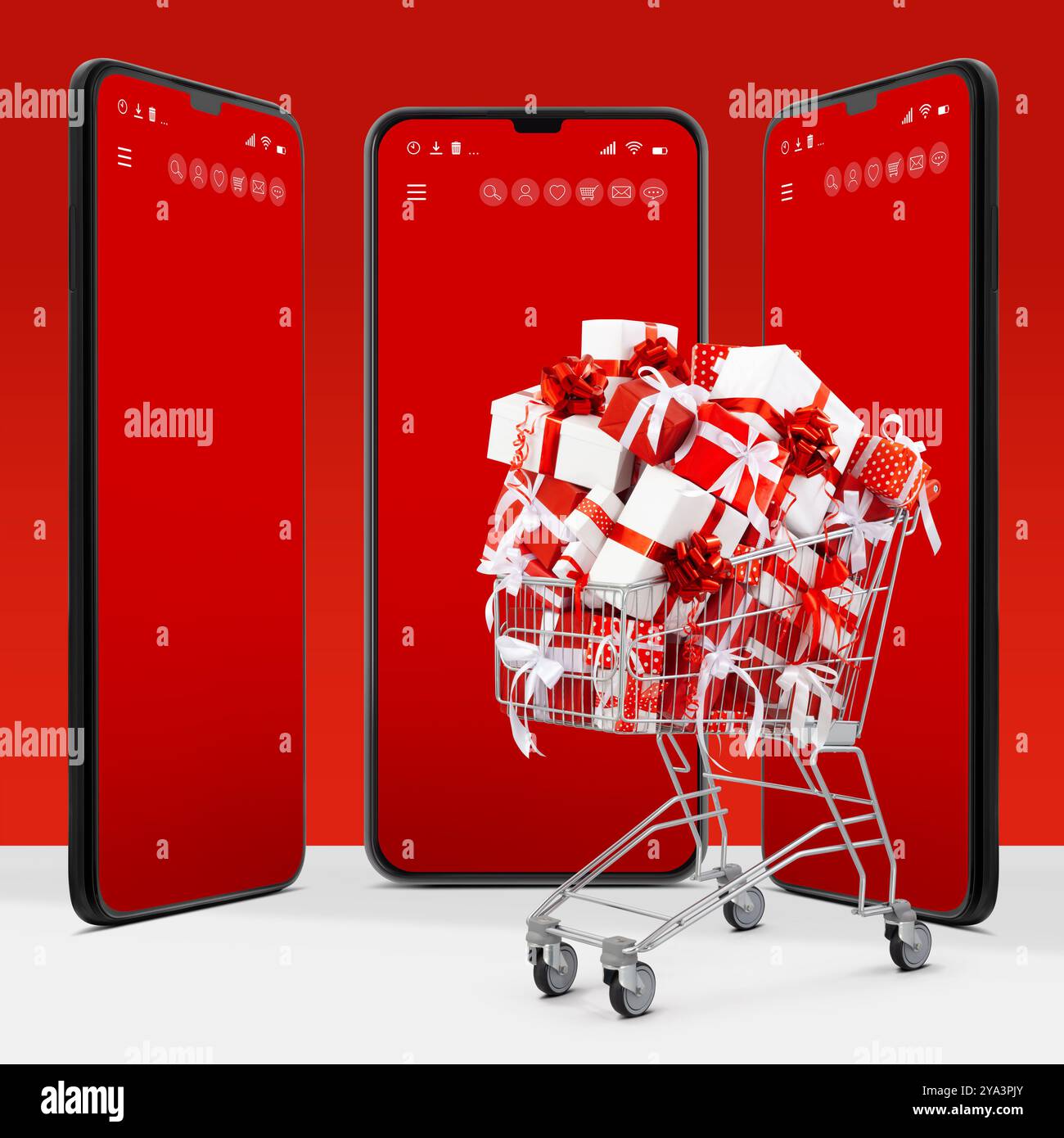 Chariot rempli de cadeaux de Noël, coffrets cadeaux rouges ornés de rubans, isolé sur écran de smartphone vierge. Bannière pour la promotion des ventes, Banque D'Images
