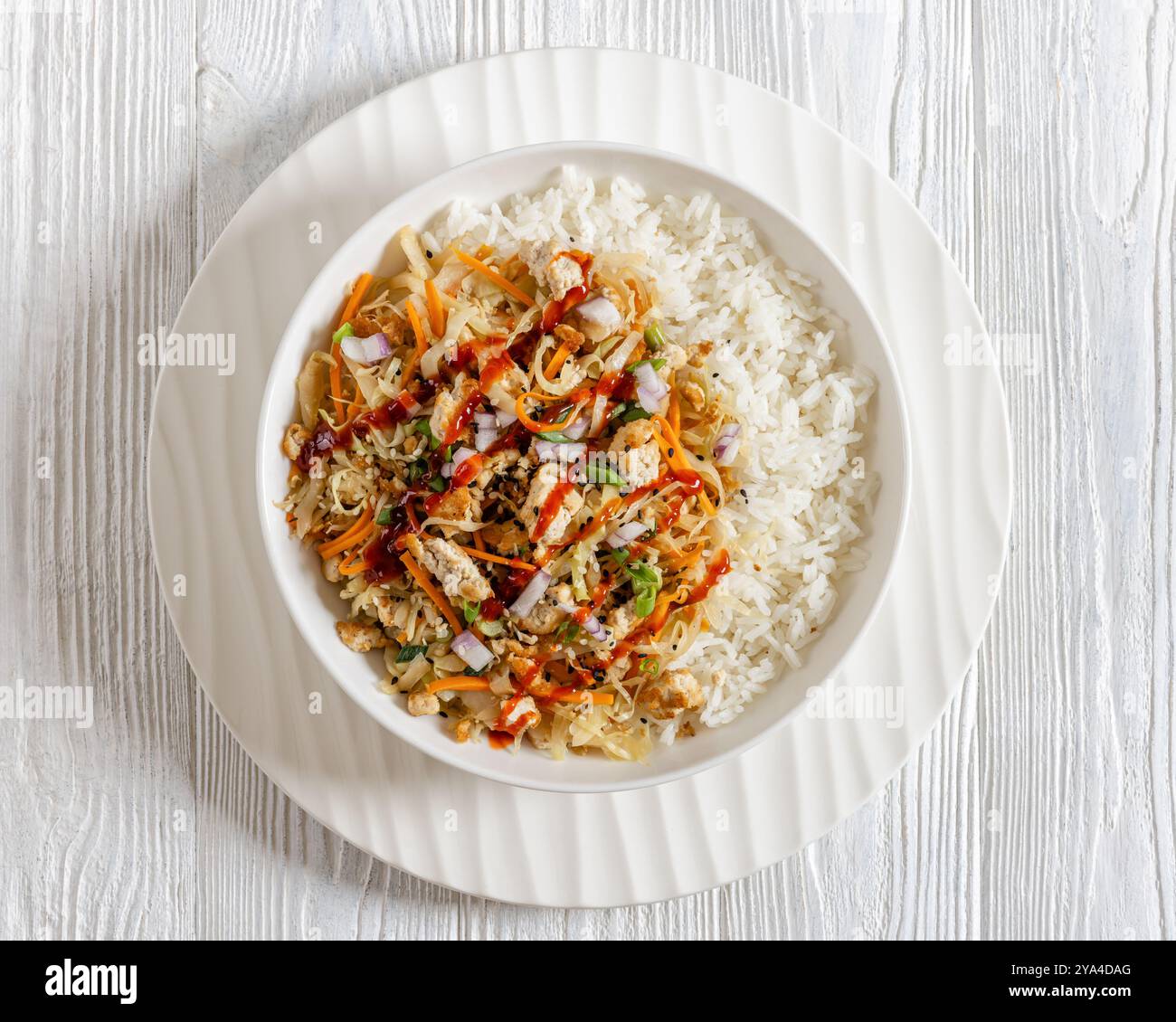 rouleau d'oeuf de tofu, chou sautés, tofu émietté assaisonné jeté dans une sauce sucrée et salée servie sur du riz dans un bol sur une table en bois blanc, plat, Banque D'Images