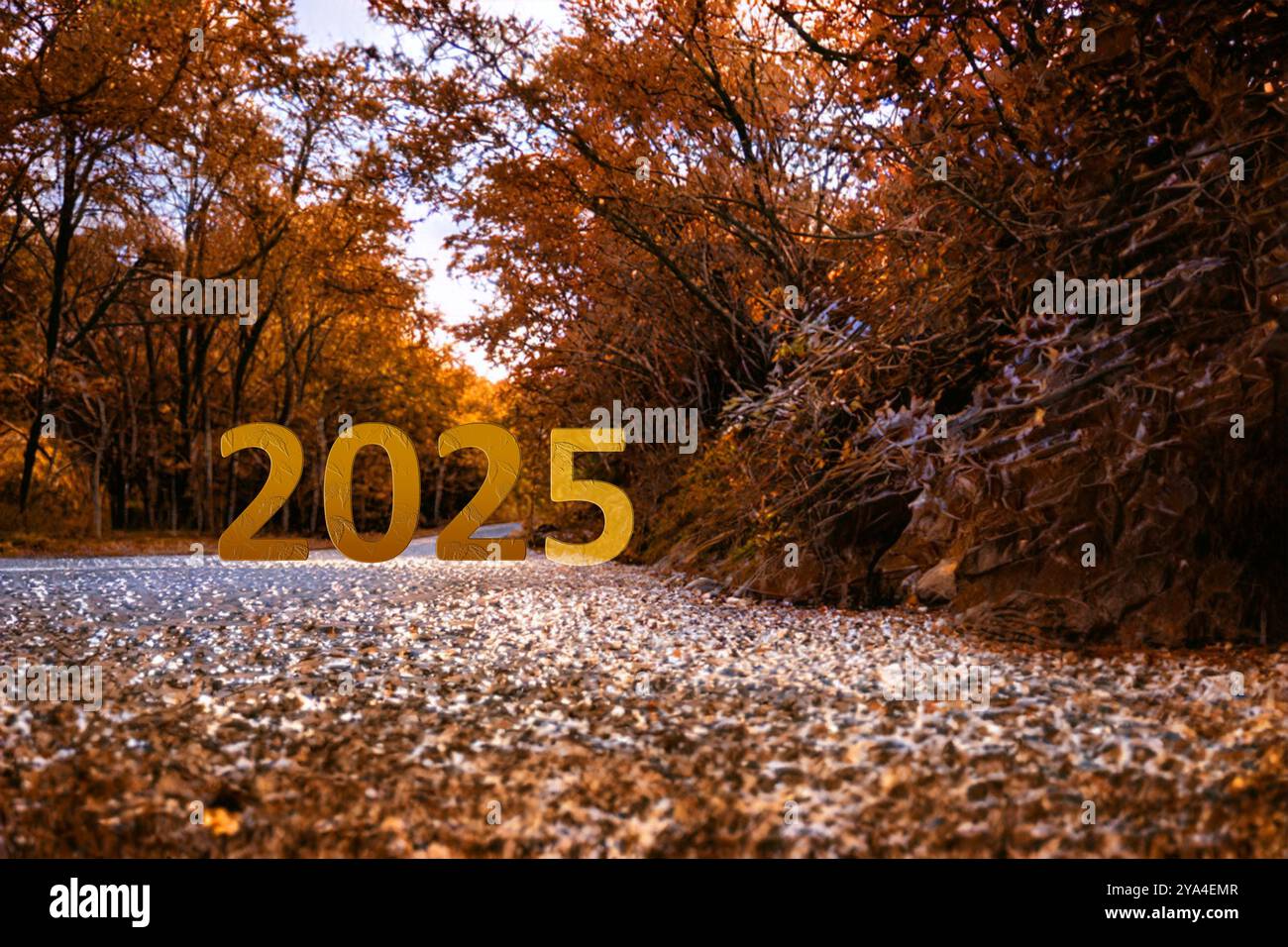 Bonne année 2025 anniversaire à venir. Transition de 2024 à la nouvelle année concept avec 2025 texte sur route. Banque D'Images