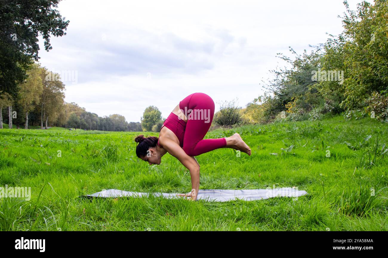 Jeune femme blanche aux cheveux bruns effectuant la posture de yoga bakasana pendant sa pratique régulière dans la nature portant des leggings rouges extensibles et top perfec Banque D'Images