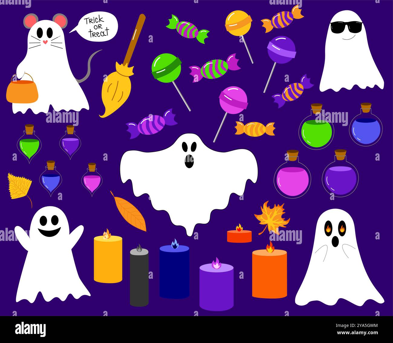 Halloween ensemble de fantômes, bougies, potions, bonbons. Illustration vectorielle de la partie d'Halloween. sur un fond sombre. Ensemble vectoriel de dessins animés d'isolats. Illustration de Vecteur