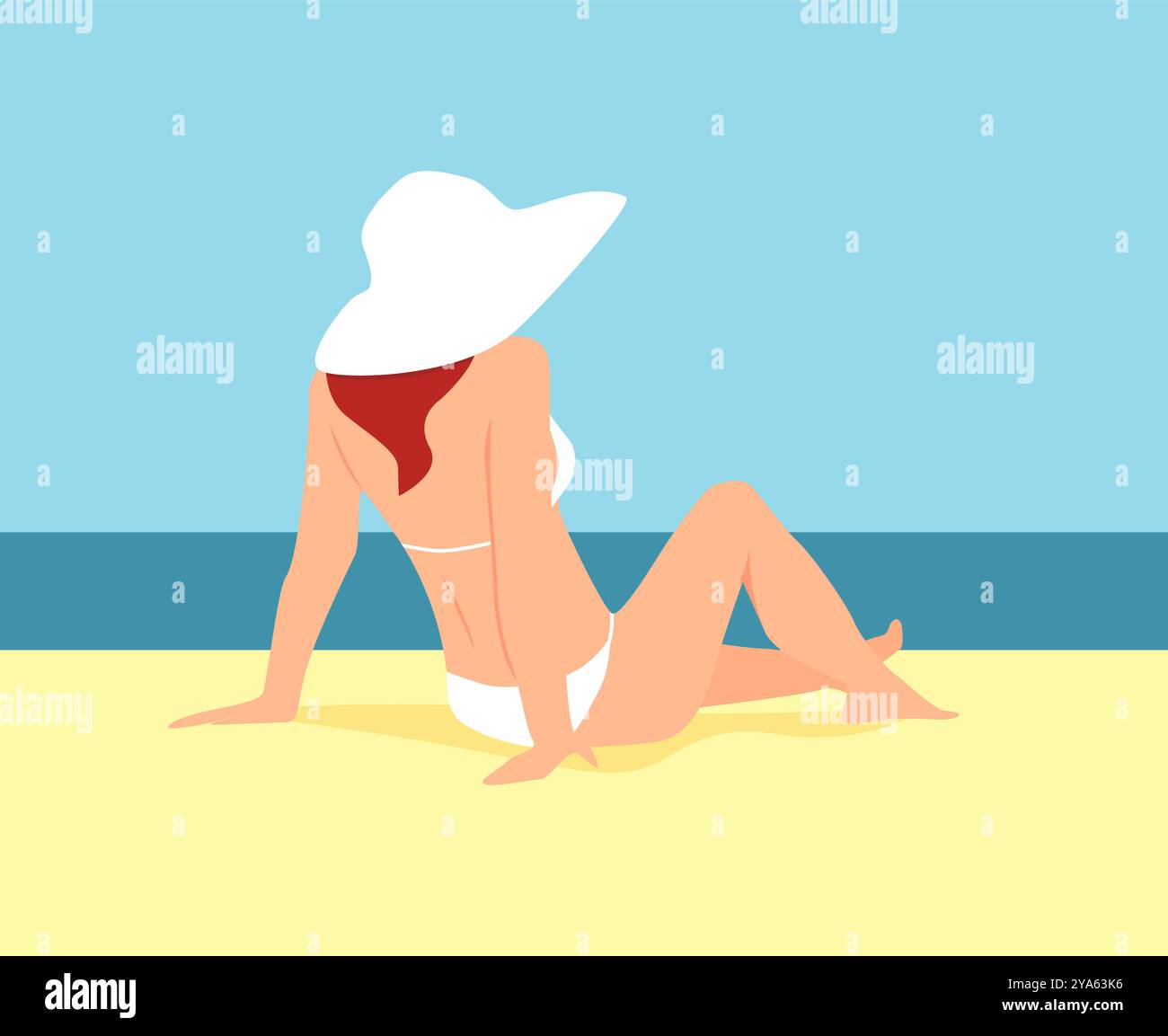 Une femme en maillot de bain blanc et un chapeau à moitié couché sur une plage et regardant l'illustration de la mer Banque D'Images