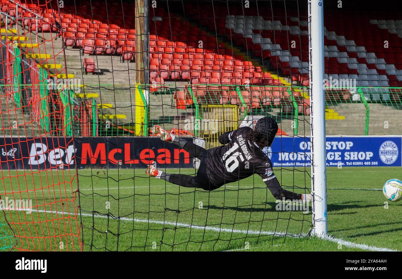 BET McLean Oval, Belfast, Irlande du Nord, Royaume-Uni. 12 octobre 2024. Sports Direct Premiership – Glentoran v Dungannon Swifts, action de la première équipe irlandaise du match d'aujourd'hui à Belfast. (Dungannon Swifts en bleu). Le gardien de but de Dungannon Patrick Solis Grogan sauve une pénalité de première mi-temps. Crédit : CAZIMB/Alamy Live News. Banque D'Images