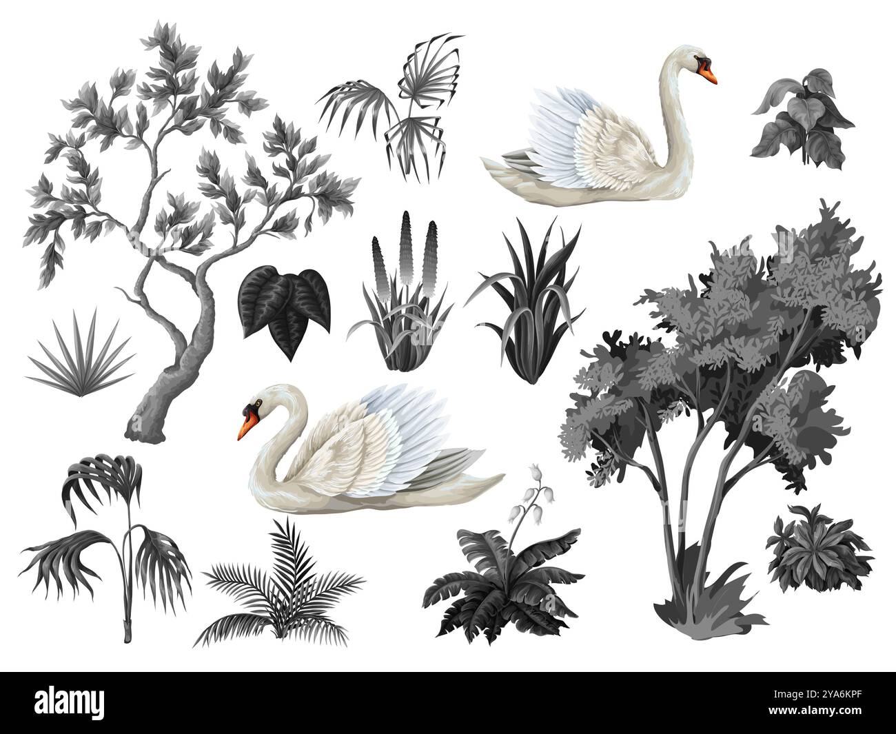 Arbres monochromes, plantes et cygnes isolés. Vecteur. Illustration de Vecteur