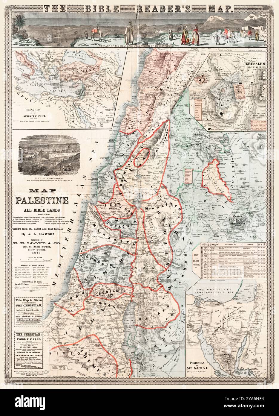 La carte des lecteurs de la Bible - Rawson, A.L. carte de Palestine et de toutes les terres bibliques, y compris des illustrations de Jérusalem et plus encore. 1873 Banque D'Images