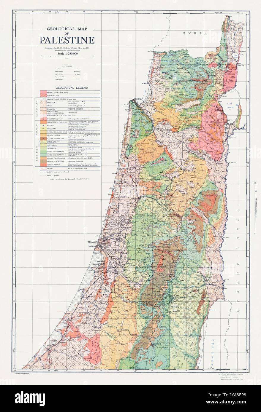 Carte géologique de la Palestine. Stratigraphie par G.S. Blake (1 de 3) 1949 Banque D'Images
