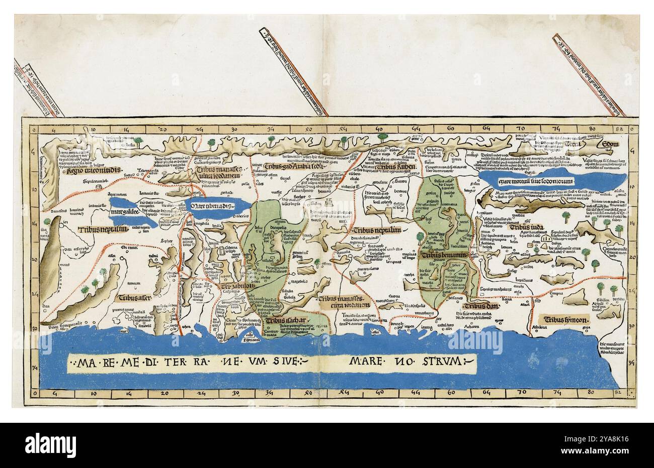 Carte moderne de la Palestine - oeuvre de Claudius Ptolémée, contribution de Germanus, Dominus Nicolaus Holle, Leonardus Vesconte, Petrus, 1482 Banque D'Images