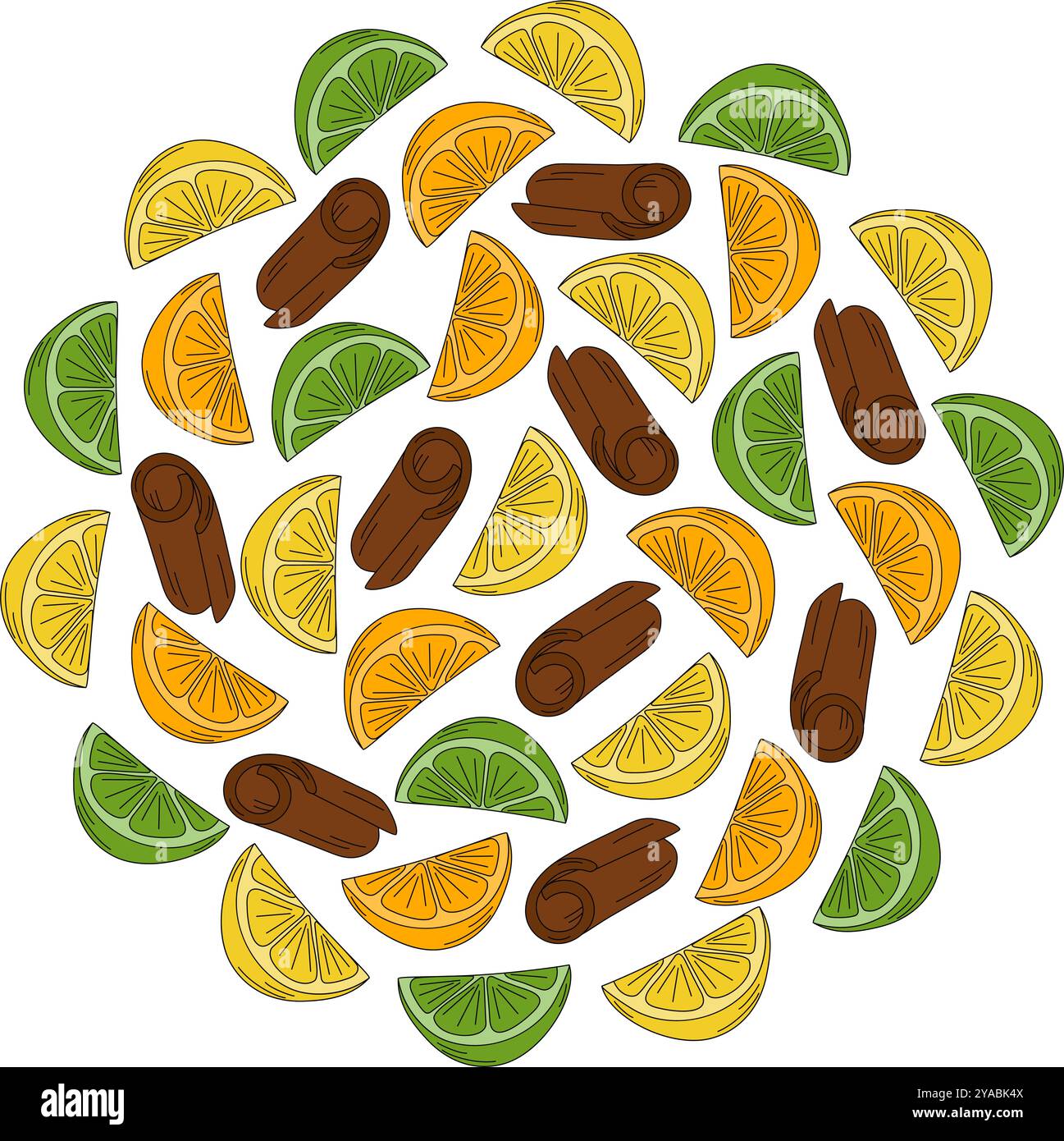 Bâton d'agrumes et de cannelle coloré texture de fond ronde dans des tons vifs à la mode. Idée de toile de fond. Cartes d'illustration vectorielle isolées, affiche, dépliants, bannière, brochures, prix, étiquette ou promo web Illustration de Vecteur