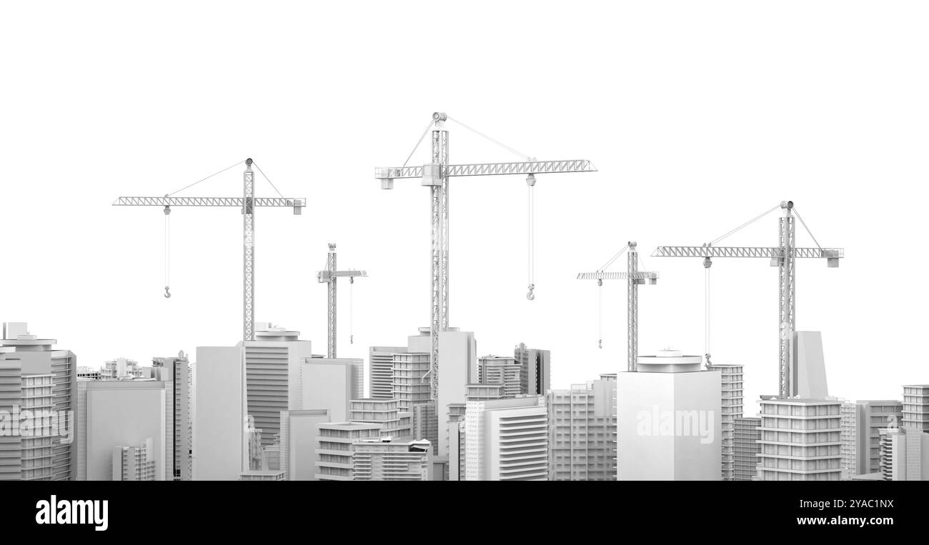 Ville de développement avec modèle blanc de rendu 3d de l'extérieur du bâtiment de grande hauteur avec grue de construction Banque D'Images Ville de développement avec modèle blanc de rendu 3d de l'extérieur du bâtiment de grande hauteur avec grue de construction Banque D'Images