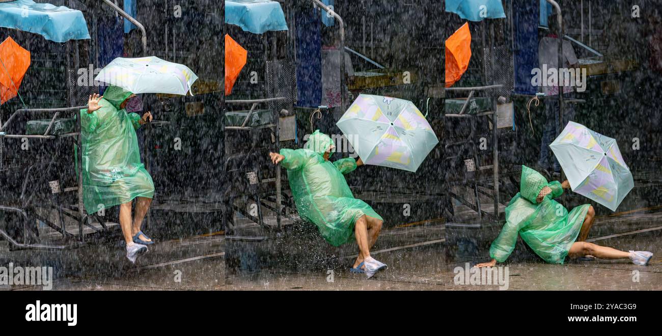 Séquence de photos - scène authentique, Un passager glisse en descendant du camion de transport public sur des marches glissantes sous la pluie, Thaïlande Banque D'Images