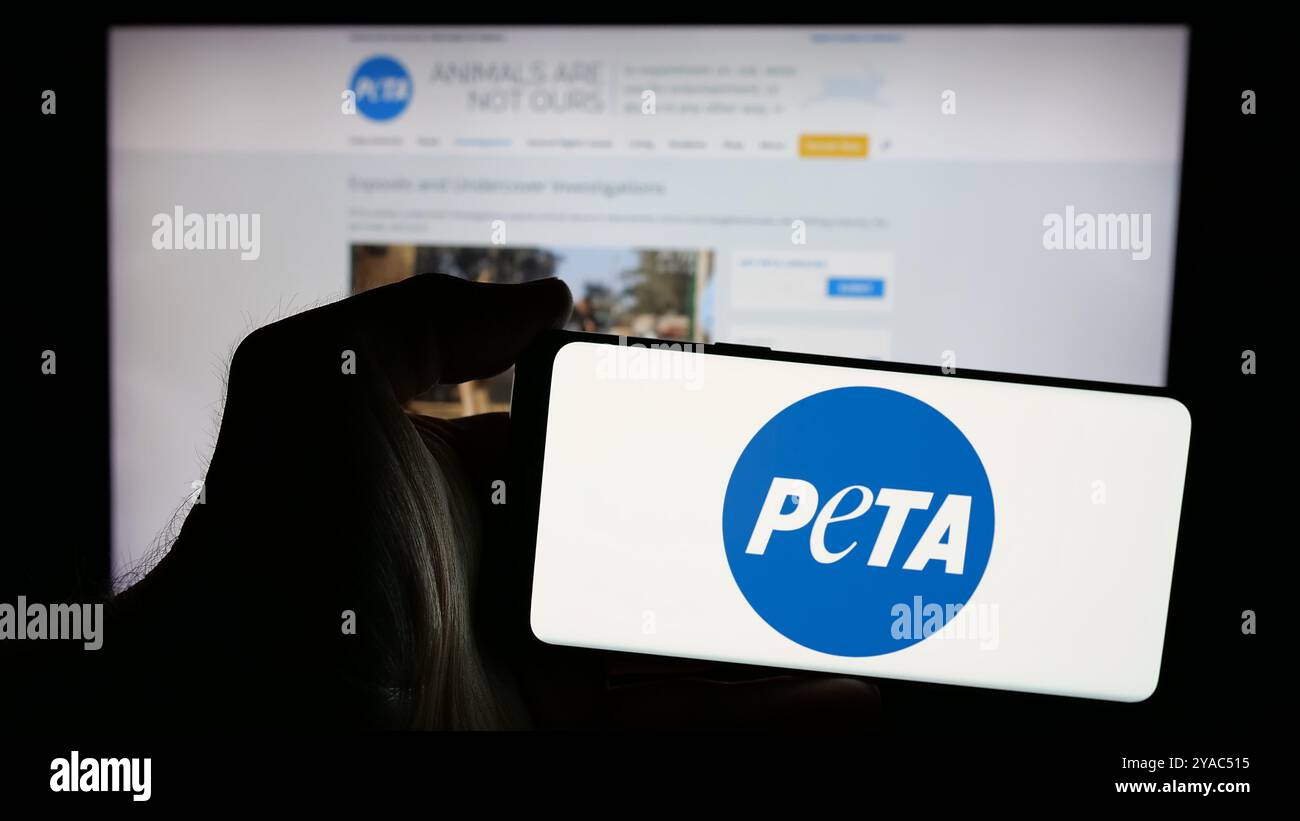 Personne tenant le téléphone portable avec le logo de personnes pour le traitement éthique des animaux (PETA) sur l'écran en face de la page Web. Concentrez-vous sur l'affichage du téléphone. Banque D'Images