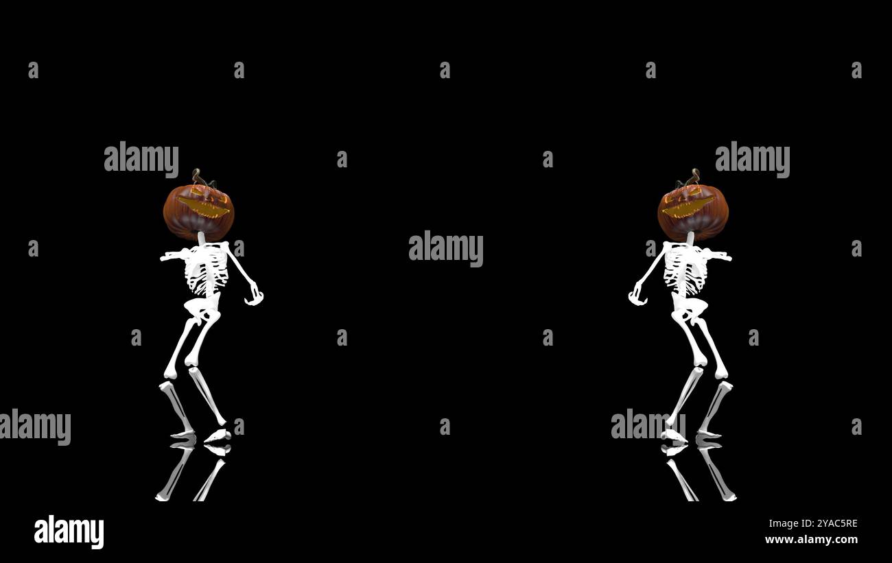 Danse squelette de citrouille Halloween sur le rendu noir bg 3D. Banque D'Images