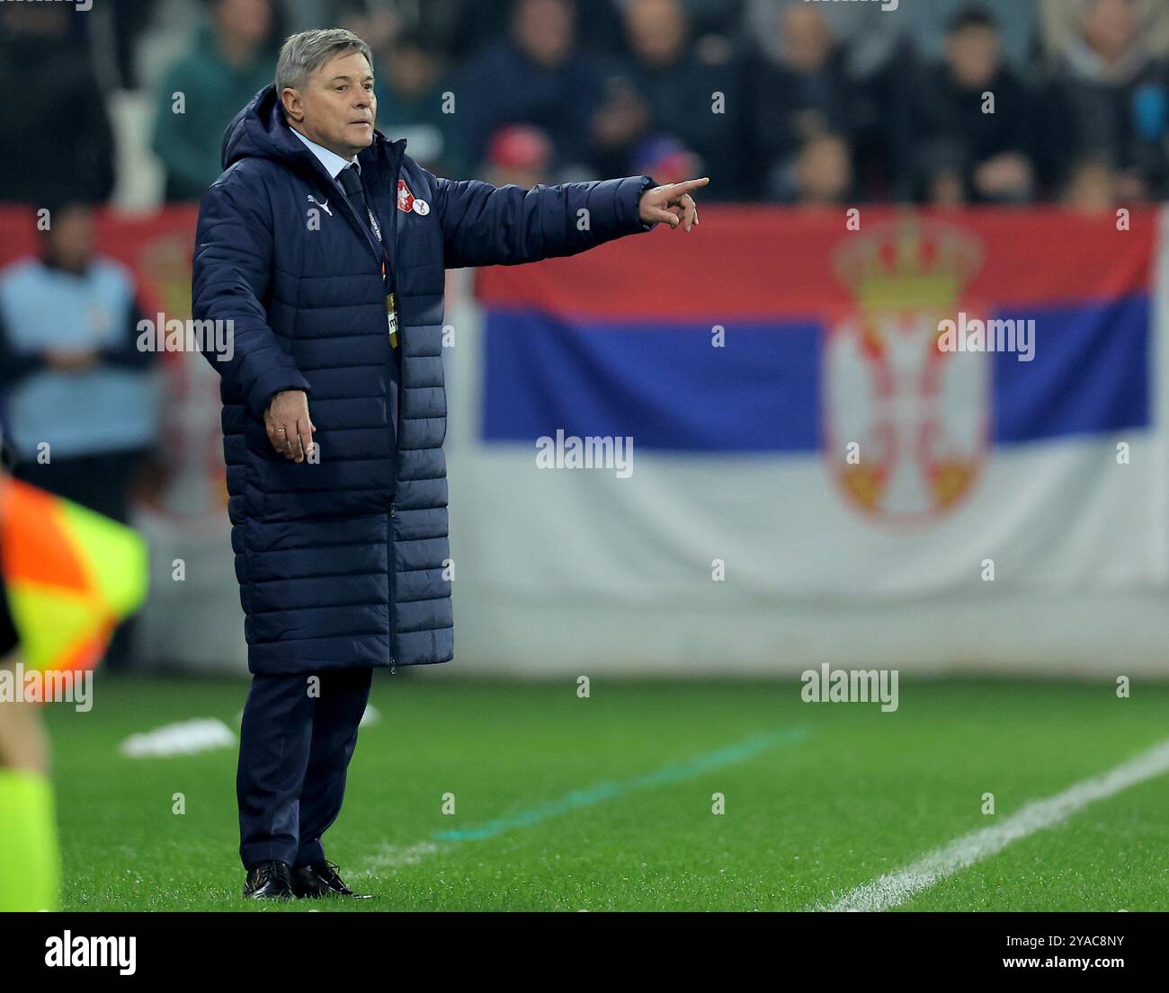 Leskovac, Serbie. 12 octobre 2024. L'entraîneur-chef de Serbie Dragan Stojkovic fait un geste lors du match de football UEFA Nations League 2024/25 League A Group A4 entre la Serbie et la Suisse à Leskovac, Serbie, Oct. 12, 2024. Crédit : Predrag Milosavljevic/Xinhua/Alamy Live News Banque D'Images