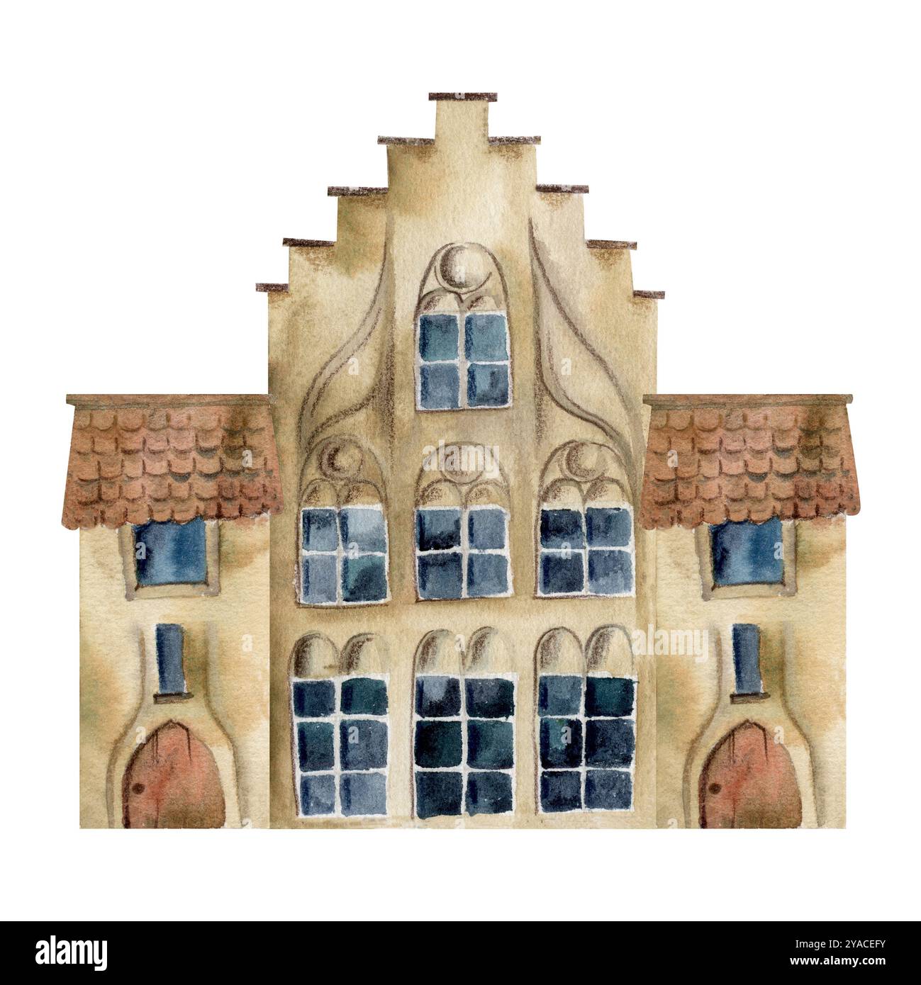 Vieilles maisons de rue de ville européenne, façades extérieures urbaines. Bâtiment historique de paysage urbain. Aquarelle illustration dessinée à la main. Pour les boutiques touristiques Banque D'Images